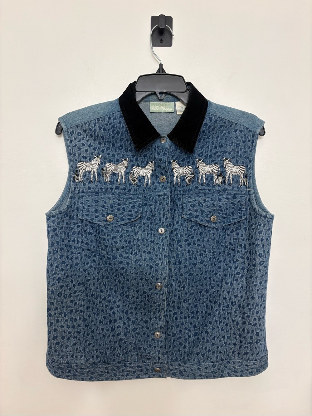 VTG 220 Hickory Embroidered Zebra Denim Vest Leopard Print Velvet Collar SM